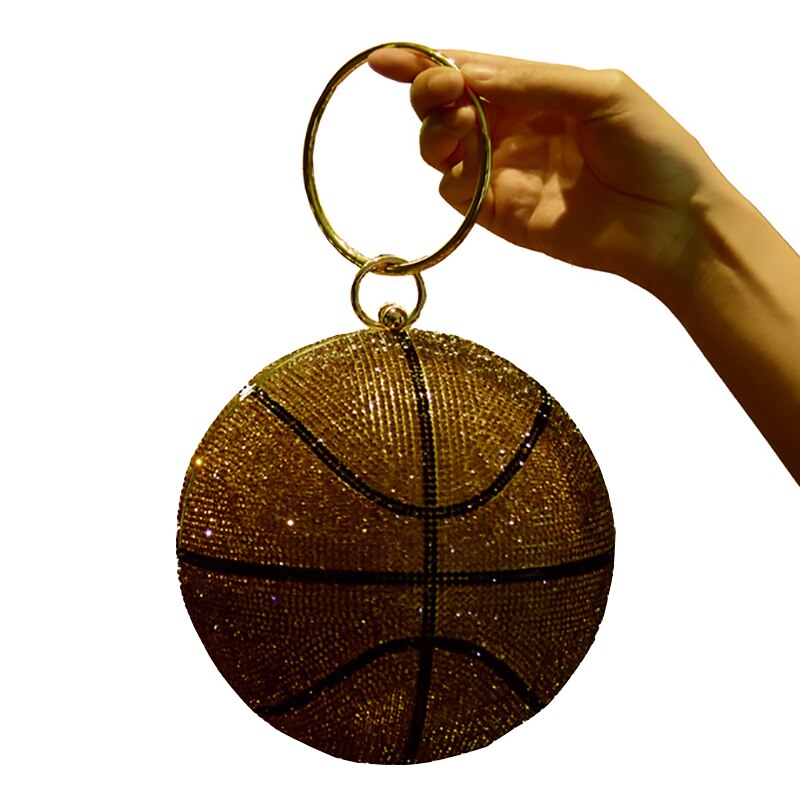 3D Basketball Round Ball Gold Clutch Purses for Women Evening Rhinestone Handbags Ladies Party Dinner Bag: Brown