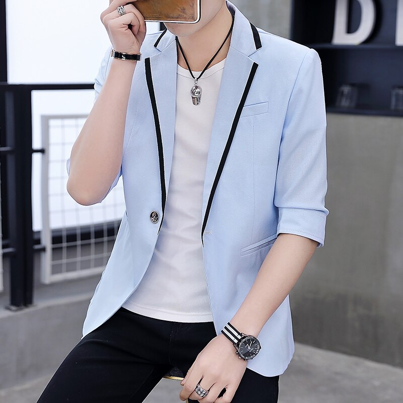 Ungdom blazer herre slim fit blazer masculino mandlig turn-down krave halværmede blazere herre casual blazer jakke mand: Blå / Xl