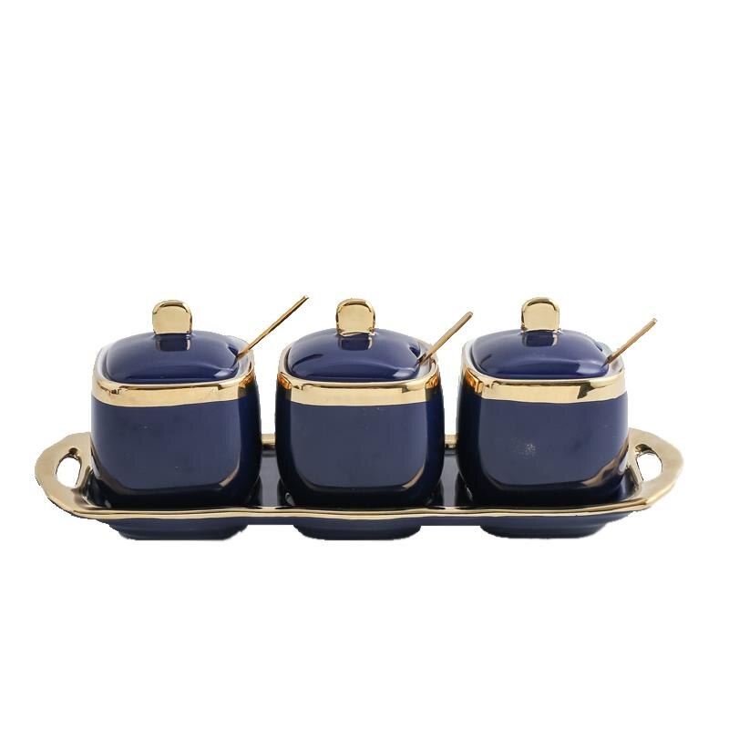 Noord-europese indigo blauwe keramische kruidkruik suikerpot Zout shaker Kruiden bowls Vier stuk bloem thee