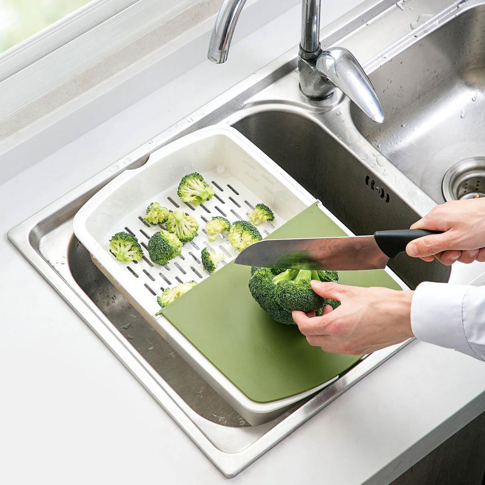 Planche à découper de cuisine 3 en 1 | Bloc de planche à découper en plastique avec panier de vidange, articles divers boîte de rangement, tapis de découpe outils de cuisine