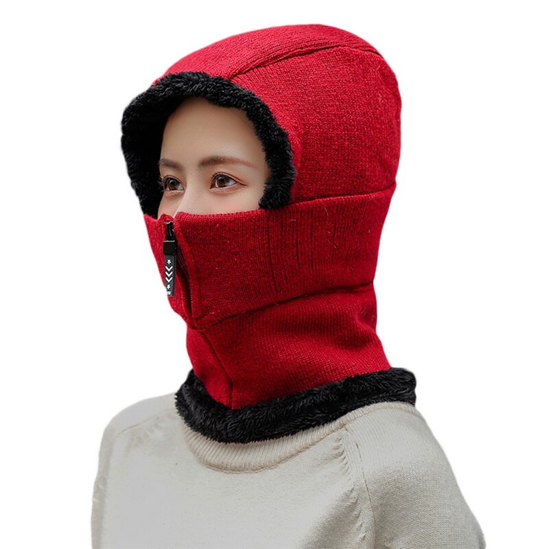 Dames winter warme wollen muts met fluweel dames warme wollen muts met bib masker en oorbescherming stofdichte fietsmutsen: Rood