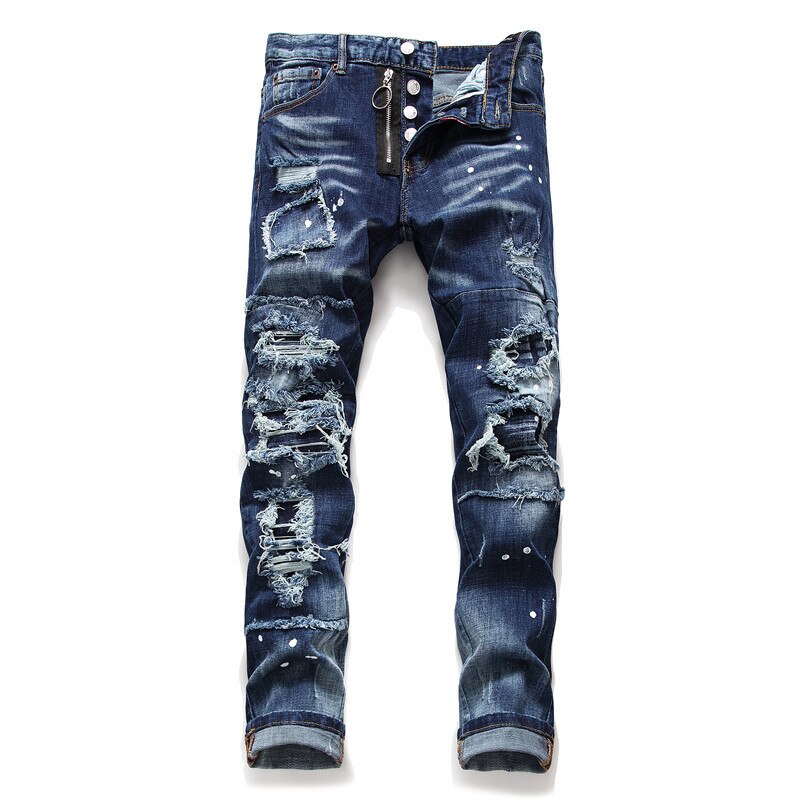 Light Luxury Men’s Ripped Jeans,Hole Patches Slim Fit Jeans,White Spot Prints Denim Pants,Street Casual Jeans Pants;
