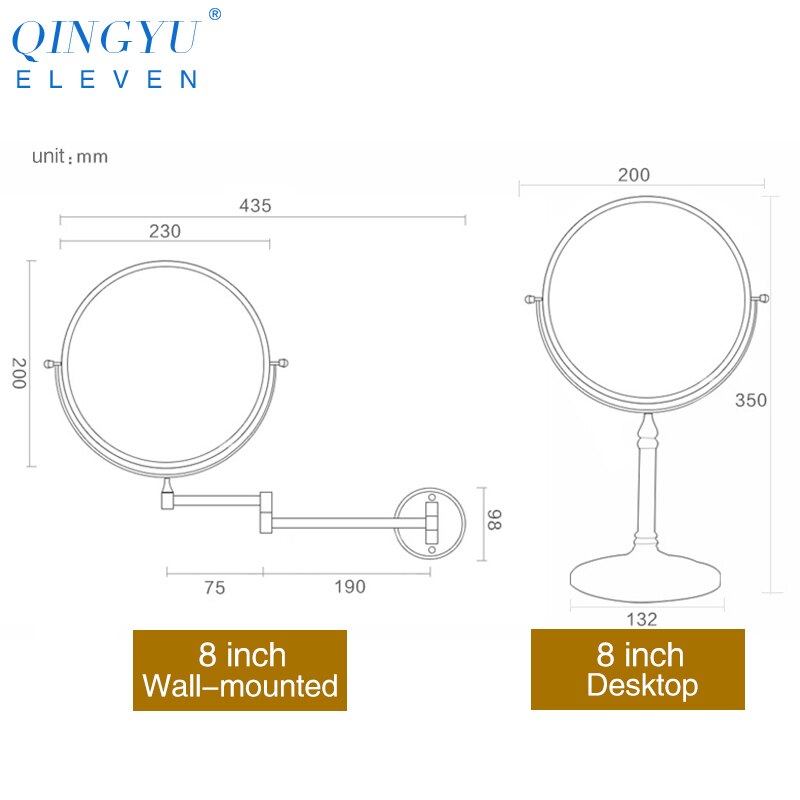 QINGYU ELEVEN 8 inch Soild Brass Bath Mirror European style Wall Mounted Double Sided Adjustable Round Cosmetic Beauty Mirror