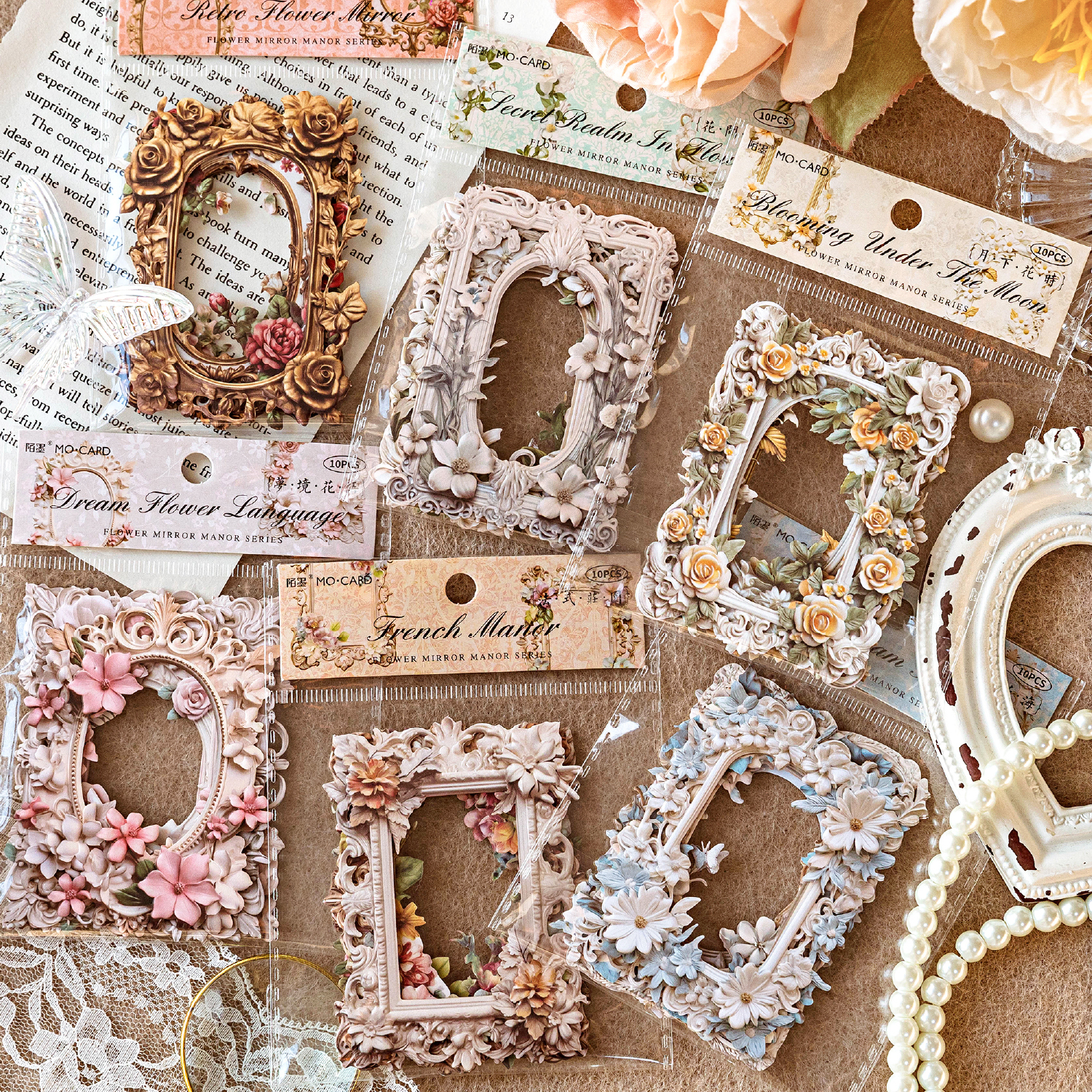 10 unids/pack Vintage flores ahuecadas borde Collage tarjeta alivio estilo europeo y americano manual Material decorativo papel