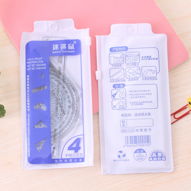 4Pcs/Pack 15cm Ruler Set Plastic Ruler Measuring Straight Ruler Triangle Ruler Tool Student Stationery E0363