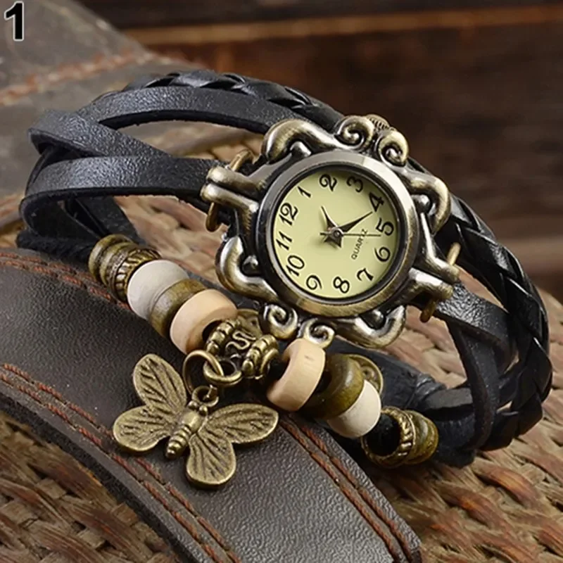 Vintage læder håndvævet dameur antik kobber tynd rem armbånd dameur med vedhæng udsøgt trendy kvartsur
