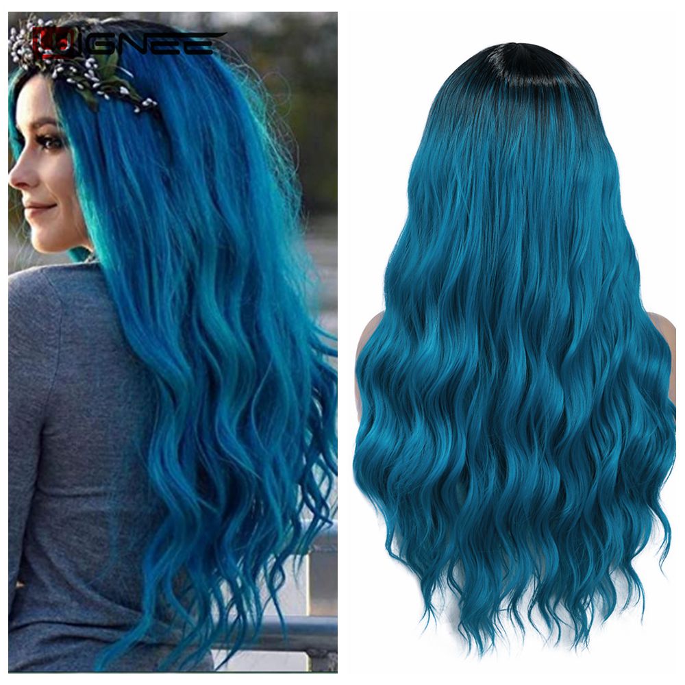 Wignee longo ondulado fibra azul perucas sintéticas parte média resistente ao calor para cabelo natural feminino diário/festa/cosplay party perucas