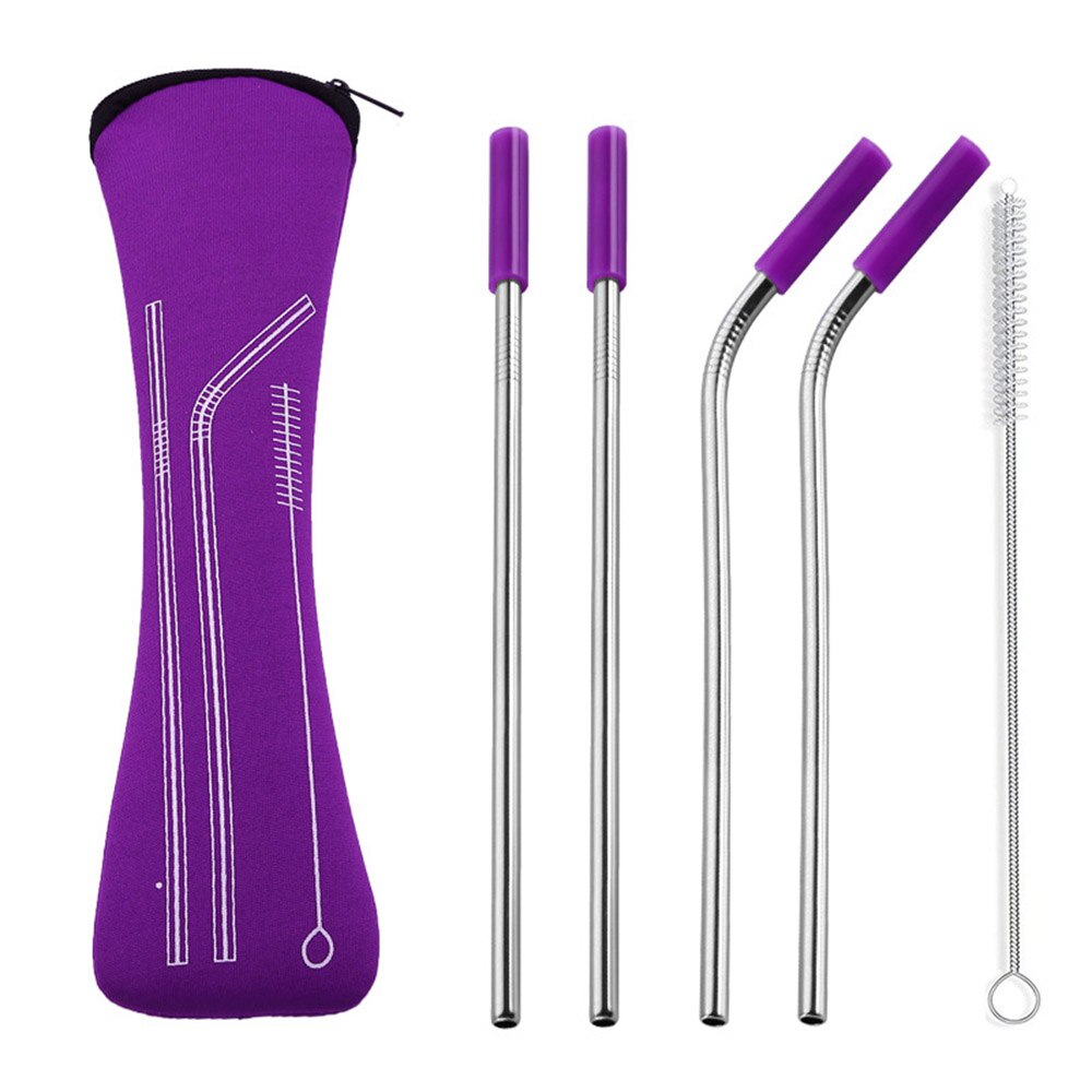 6 stks/set Herbruikbare Rvs Rietjes Rechte Gebogen Rietjes met Siliconen Tips voor Koude Drank Bar Gereedschap: Purple