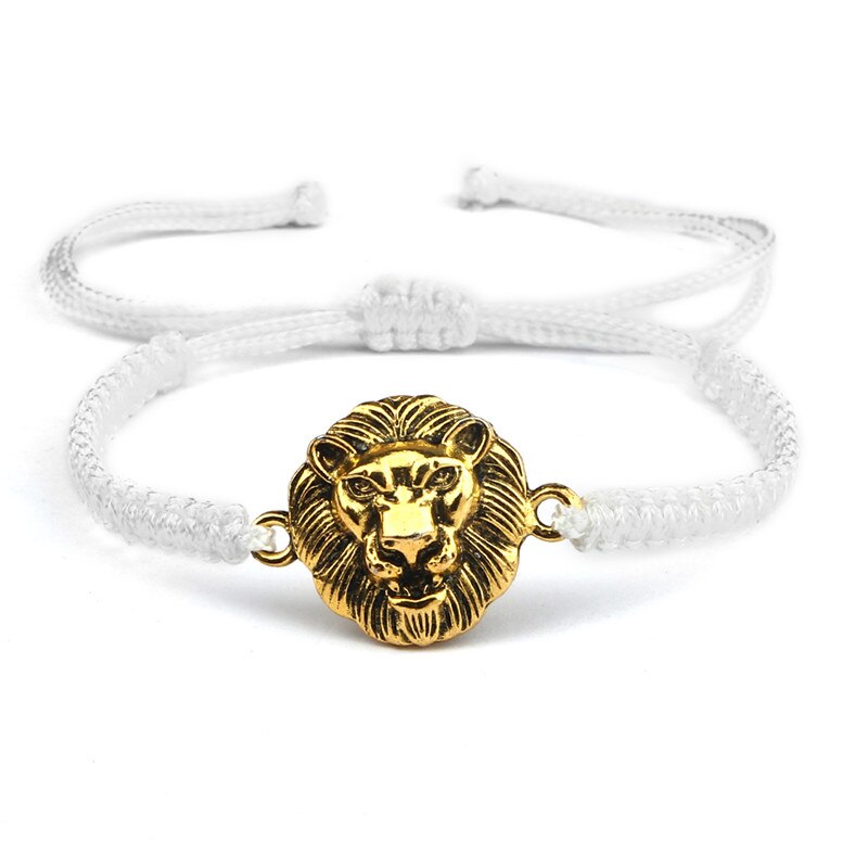 Vintage Leeuwenkop Bedelarmband Handgemaakte Geweven Rood Zwart Knopen Touw Verstelbare Armbanden En Armbanden Voor Vrouwen Mannen Paar Sieraden: White and gold