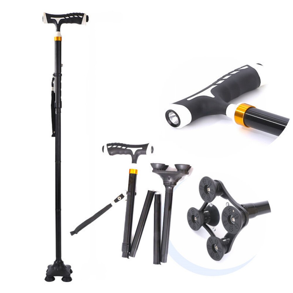 Aluminum Folding Trekking Pole Light Walking Cane Retractable Anti-slip Four-legged Walking Stick Mobility Aid Comfortable Handl