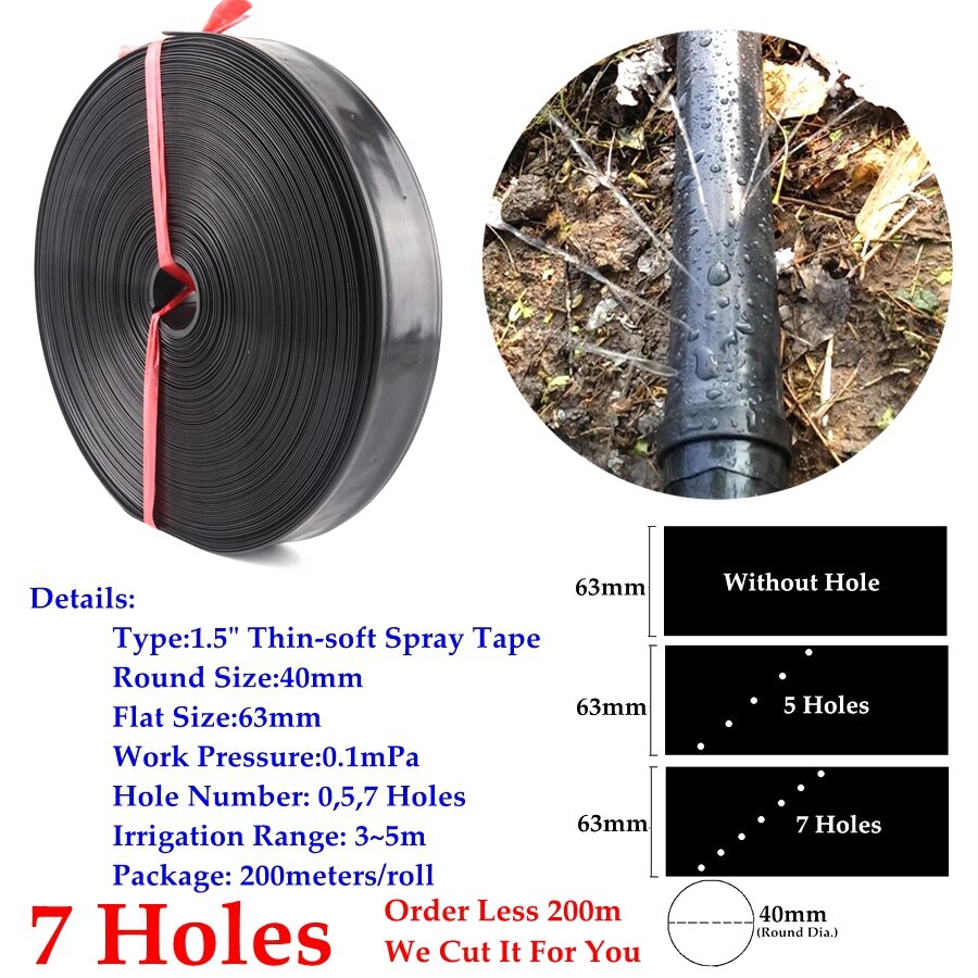 5~50M 0~7Holes 1.5" Φ40mm Thin-Soft Spray Tape Lawn Watering Hose Farm Greenhouse Irrigation Soft Pipe Sprinkler Flex Tube Line: 10m(33ft) / 7 Holes