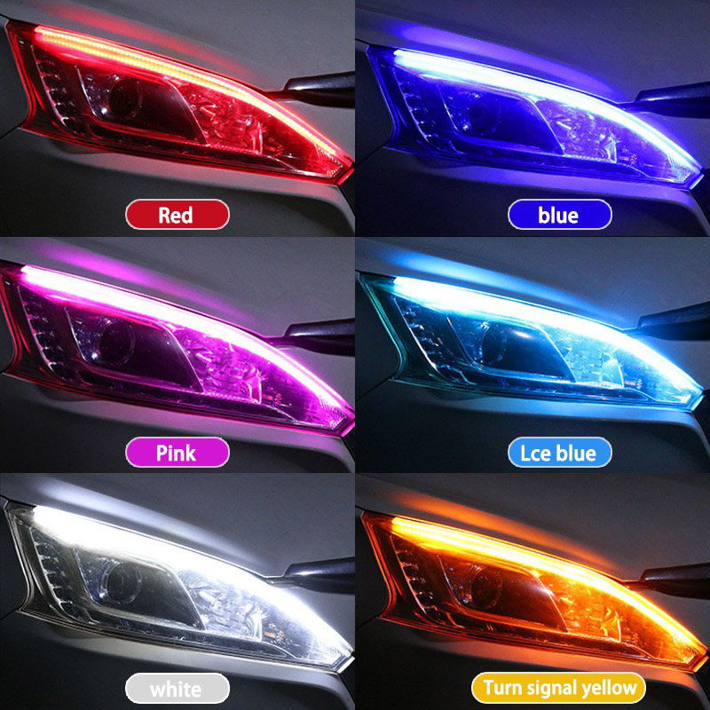 2 uds 12V LED DRL luz de circulación diurna de coche tira impermeable Flexible faros de coche señal de giro blanca luces de flujo de freno amarillas