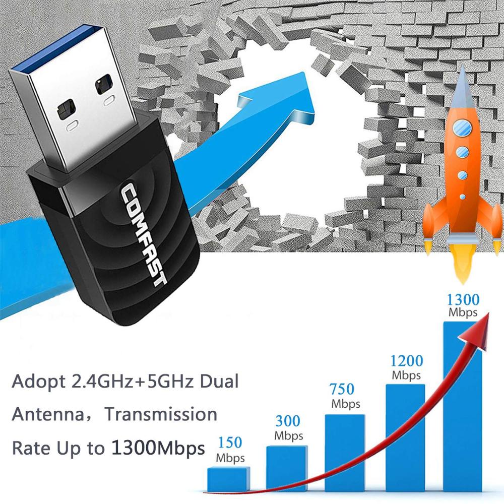 Comfast CF-812AC adaptateur WiFi USB3.0 Gigabit AC1300Mbps double bande 2.4G/5.8G sans fil Wi-fi Dongle carte réseau récepteur antenne