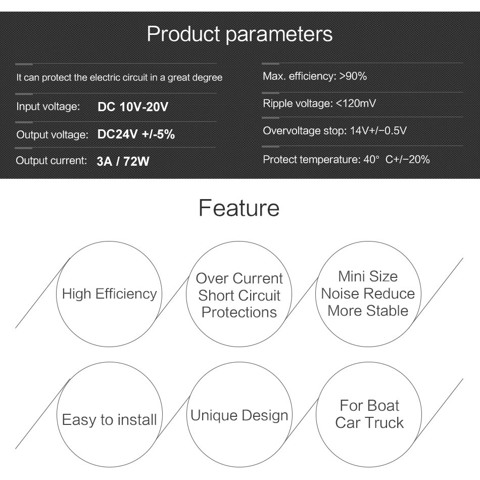 Auto DC 12V to DC 24V Step Up Converter Regulator Power Inverter Adapter 9V-20V Input for Car Vehicle Boat Truck Van Rerverse