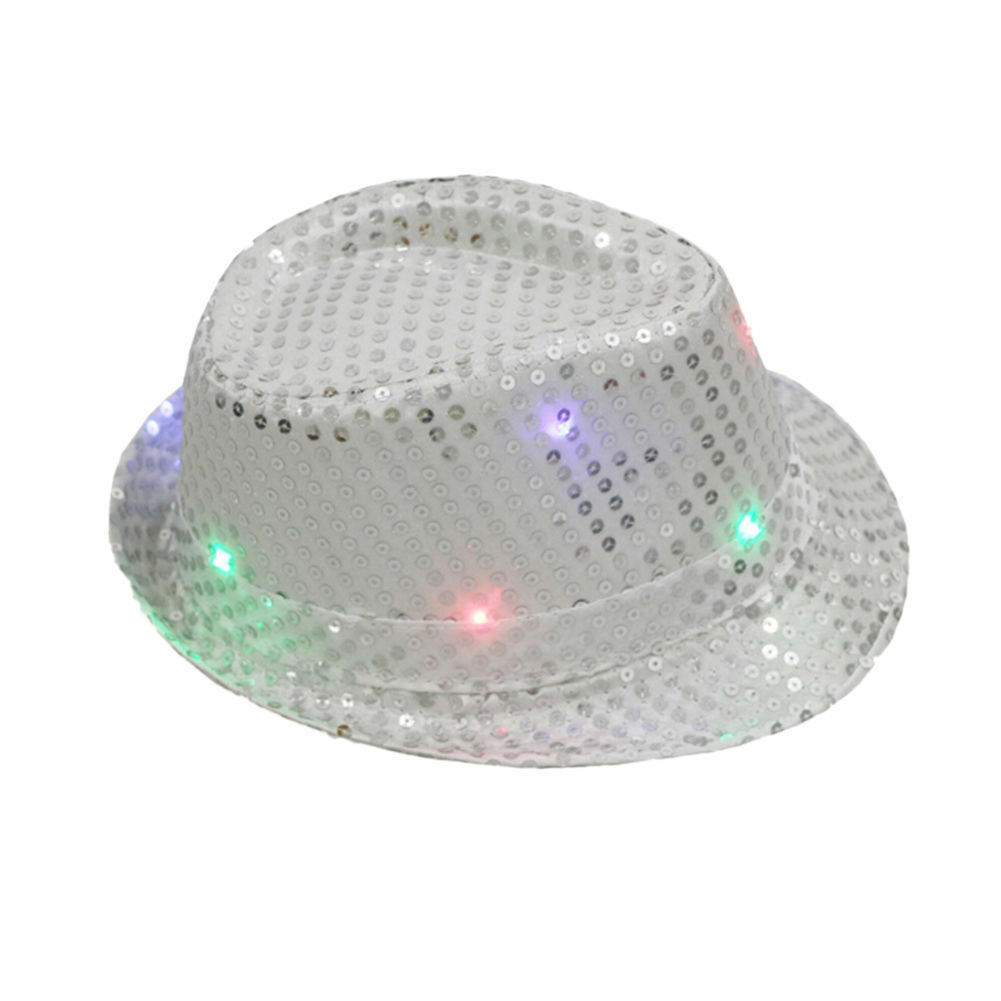 Men Women Glitter Sequin Flashing Light Up LED Fedora Trilby Cap Dance Jazz Hat Gangster Party Costume: Silver