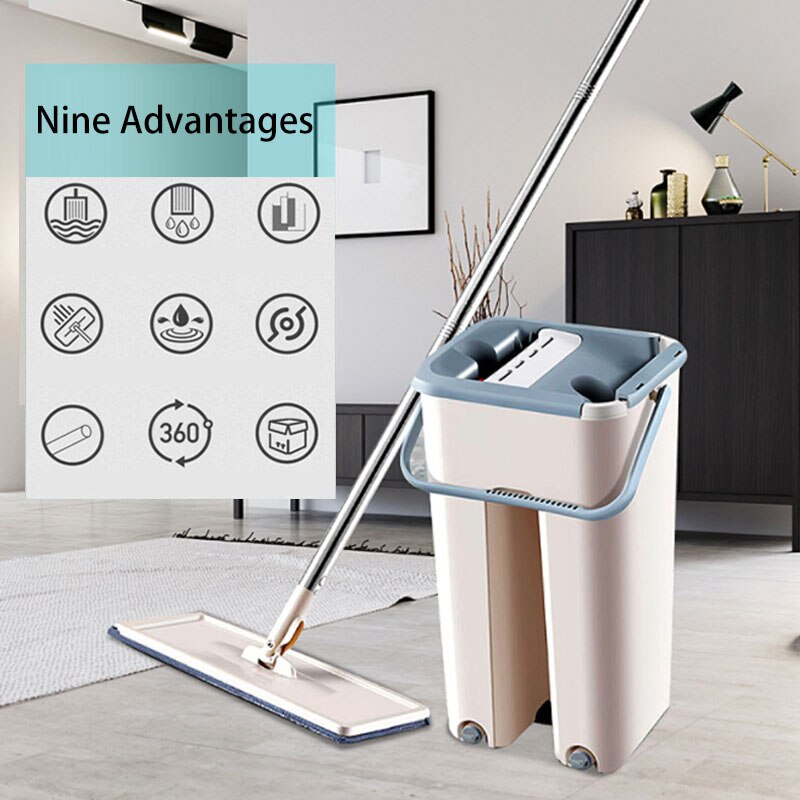 Flat squeeze mop and bucket, self-wringing, hands-free mop, microfiber mops, floor cleaning tools, wet/dry for hardwood, laminate, and tiles