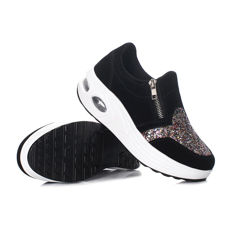 Dam kristall sneakers vår höst ledig dragkedja platta skor kvinnor halkfria ventilerande utomhus vukaniserade skor dragkedja platt sko