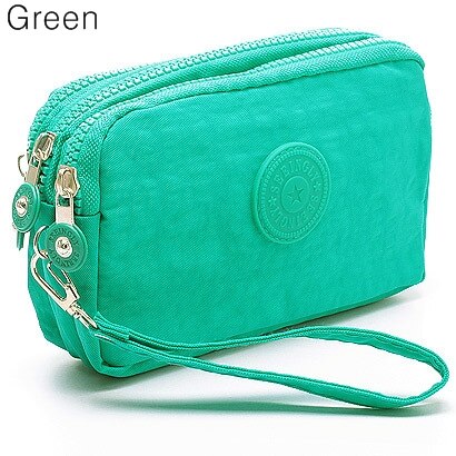 Coin Purse Women Small Wallet Washer Wrinkle Fabric Phone Purse Three Zippers Portable Make Up bag: green bag