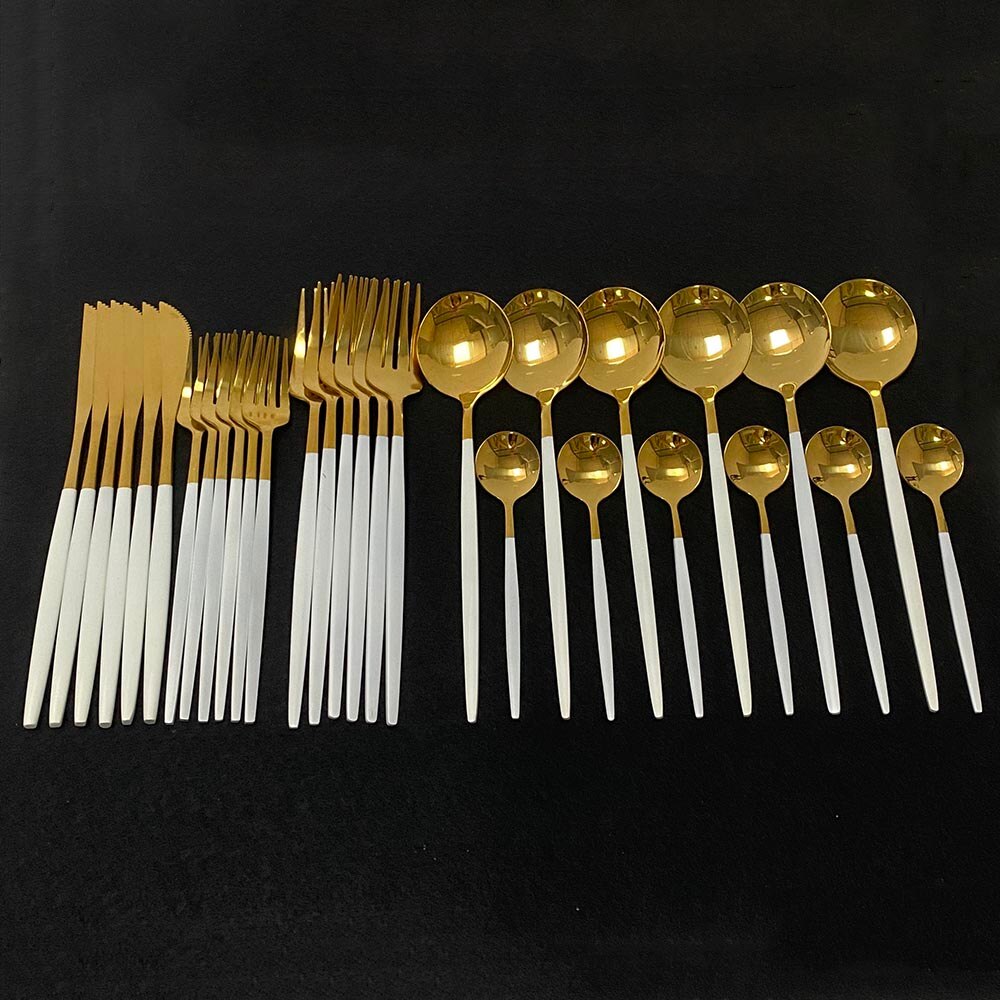 30pcs Dark Green Dinnerware Set 18/10 Stainless Steel Cutlery Set Flatware Tableware Set Dinner Knife Fork Spoon Dishwasher Safe: White Gold