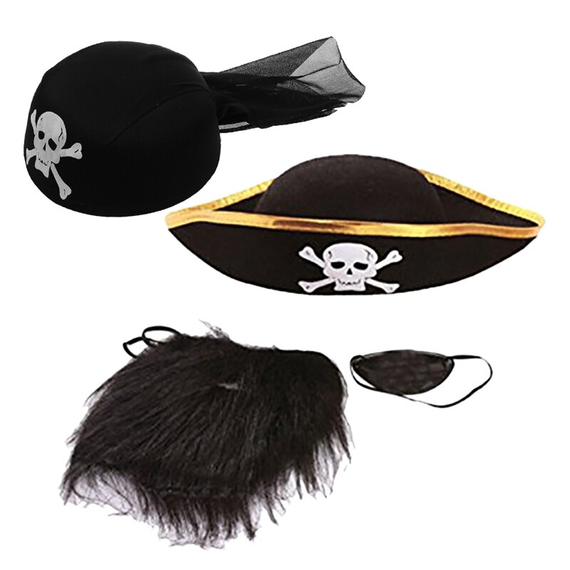 1Pcs Halloween Kostuum Zwarte Piraat Scarft Hoed Schedel Botten & 1 Set Halloween Cosplay De Pirate Captain Accessoires (Piraat