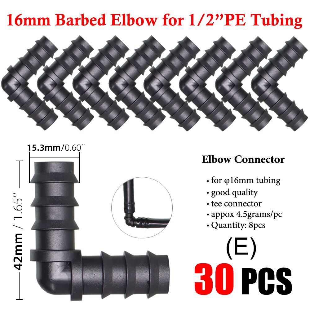 16mm PE Tubing Barbed Fittings Kit Garden Drip Watering Connectors Tee Elbow Coupling Cap Plug End 1/2" Hose Irrigation Adaptor: EX30PCS