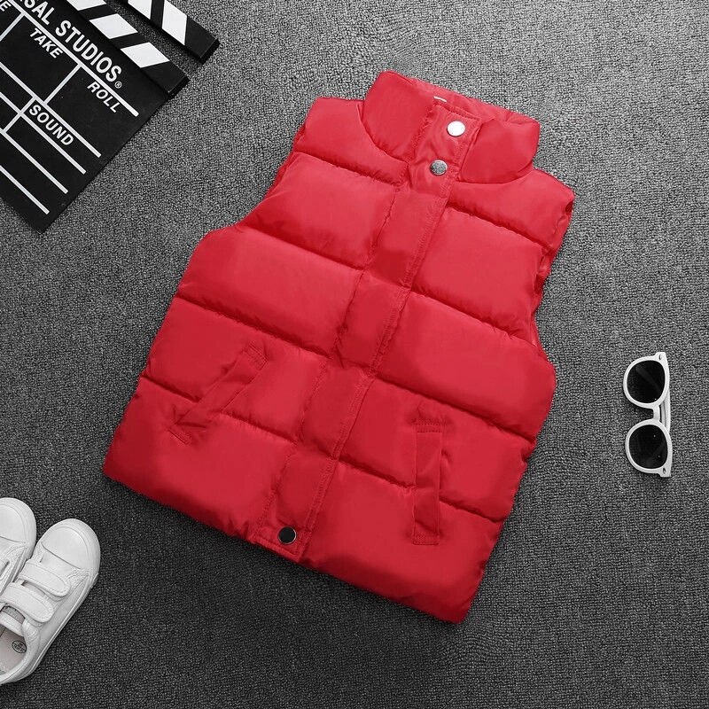 Chaleco de algodón con cuello levantado para niños, ropa cálida sin mangas, de 3 a 12 años, Color sólido, para Otoño e Invierno: Red / 100 Height 90-100cm