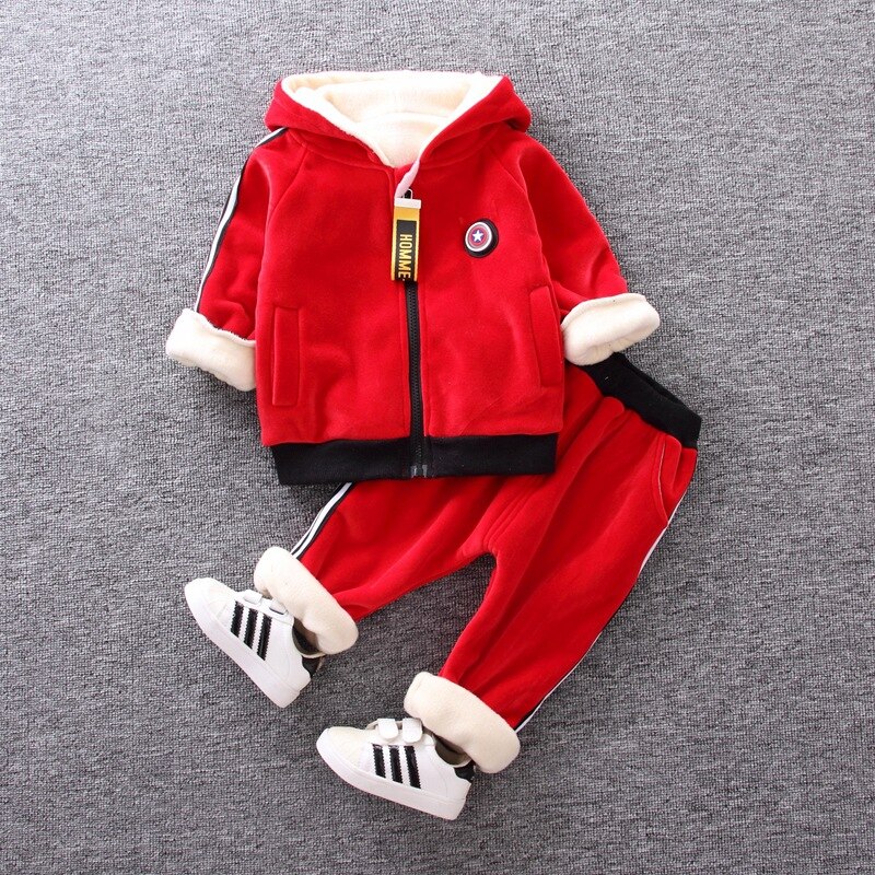 Jongens Warme Kleding Sets Winter Kinderen Mode Dik Fluwelen Hoodies Broek 2 Stuks Trainingspakken Voor Baby Boy Kids Katoen Jogging pak: red / 24M