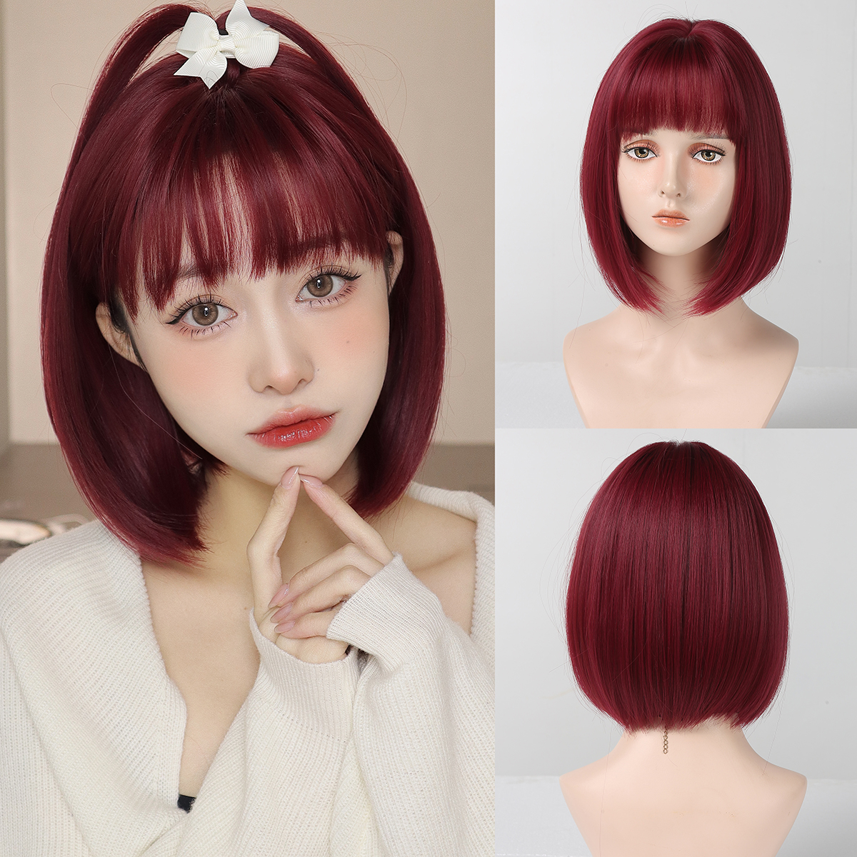 Korte Bob Synthetische Pruiken Zwart Bruin Steil Haar Pruik met Pony Natuurlijke Synthetische Haar Pruik Voor vrouwen Dagelijks Feest Cosplay Gebruik: GRIJS