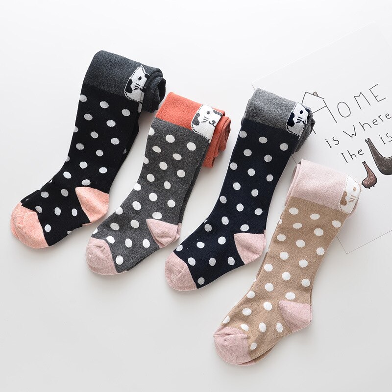 Meisjes panty's herfst schattig kawaii cartoon kat stippen patchwork zachte katoen warme hoge taille panty winter voor kinderen 2-9y