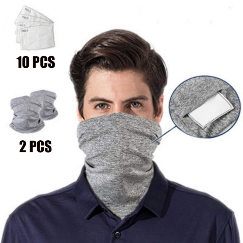 2 stk multifunktionelle bandanas unisex ansigtsdæksel, der kan vaskes mod støv udendørs / festivaler / sportsbib tørklæde med 10 filtre: Grå