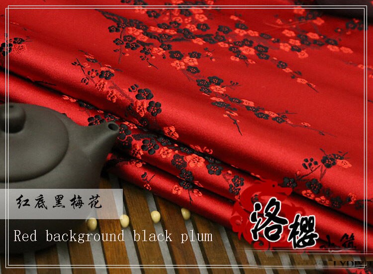 Tyk kinesisk damask kostume kjole kapper qipao tøj kimono satin blomme jacquard brokade stoffer: Sort blomme og rød
