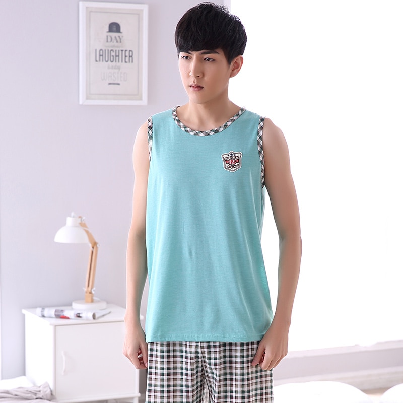 Summer Men Pajamas Home Clothing Sleeveless Vest Pyjamas Shorts Sleepwear Male Thin Cotton Sleep Lounge M-4XL Size