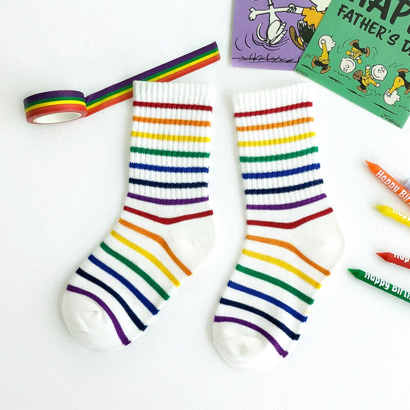 Kids Knee High Rainbow Socks Spring Summer Toddler Child Girls Boys Cotton White School Socks Stripe Long Sock Baby Accessories: 1 / L(6-8 years old)