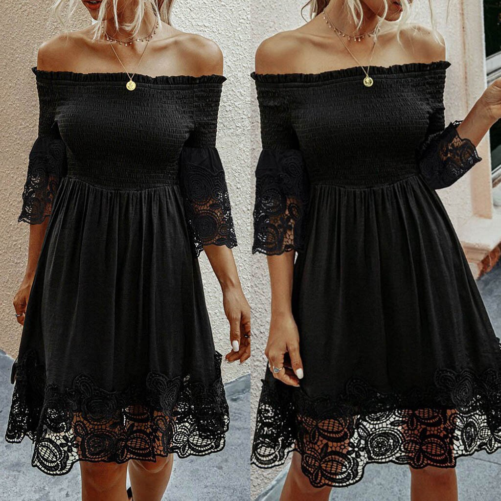 Vestido corto femenino de encaje con manga acampanada, minivestido informal con volantes y hombros descubiertos para mujer, color liso