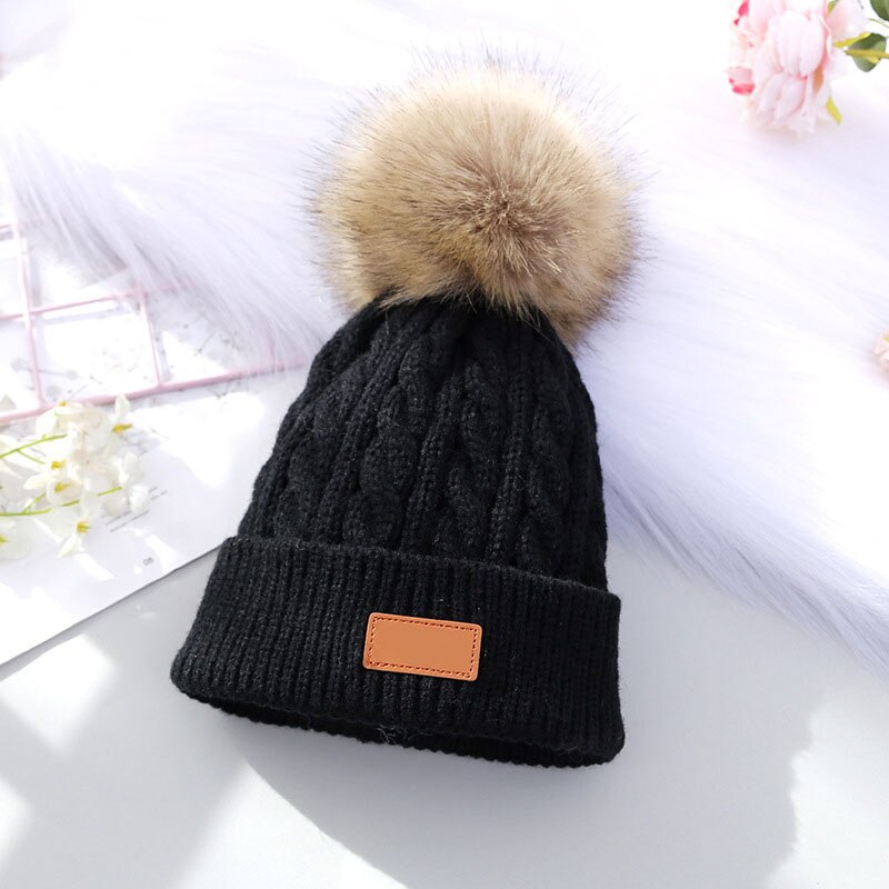 Pompom Baby Hoed Winter Dikke Warme Gebreide Beanie Hoeden Voor Baby Jongens Meisjes Bonnet Peuter Kids Effen Kleur Pasgeboren Cap: black