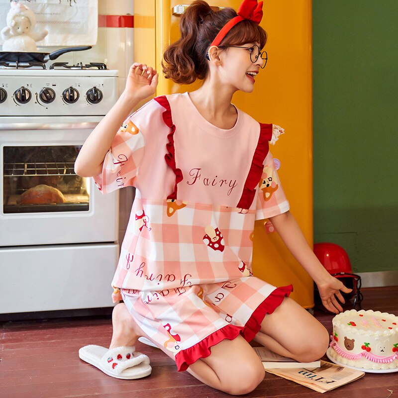 BZEL Pink Cute Sleepwear Cotton Women's Pajamas Set Sweet Female Home Suit Girls Pijamas Shorts Summer Pyjamas Comfort Nightwear