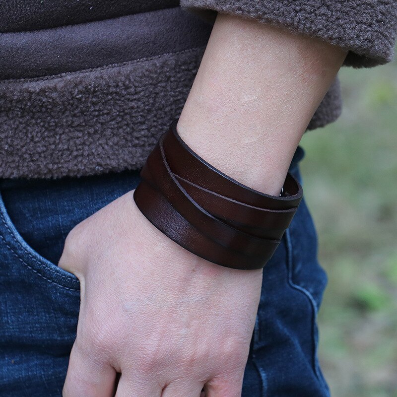 VOQ Cruz Retro-pulsera de cuero genuino para hombre, brazalete ajustable de multicapa, de joyería de lujo