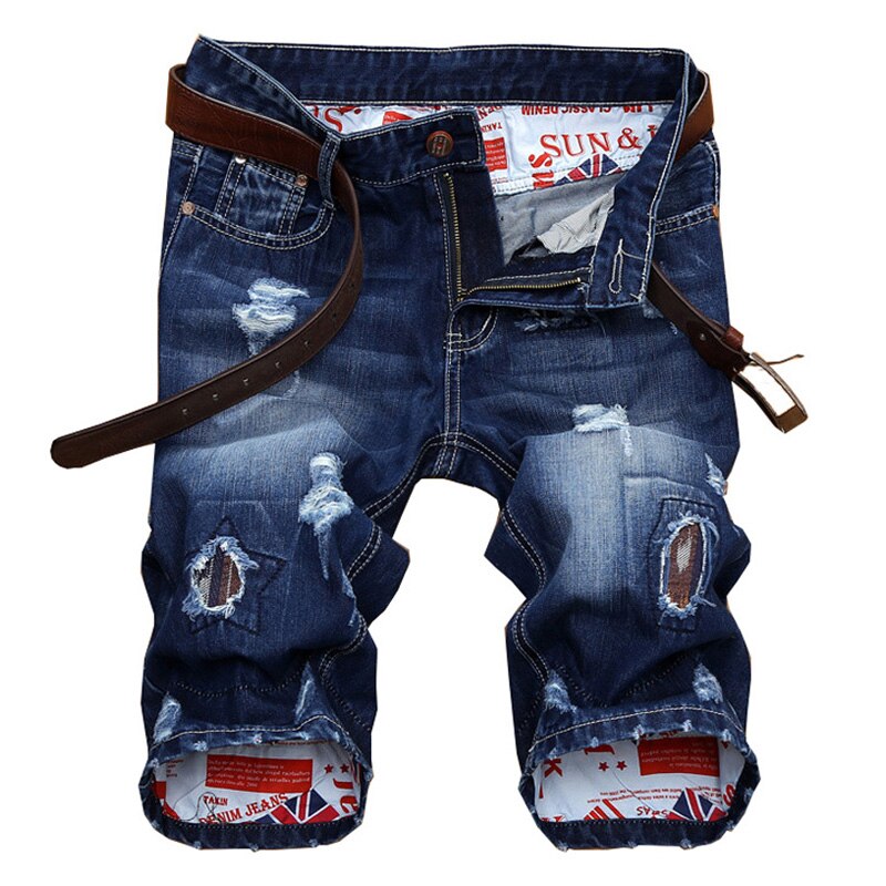 Pantaloncini di Jeans da uomo pantaloni corti al ginocchio estivi con foro rotto Jeans corti strappati da uomo blu JB13158: 33