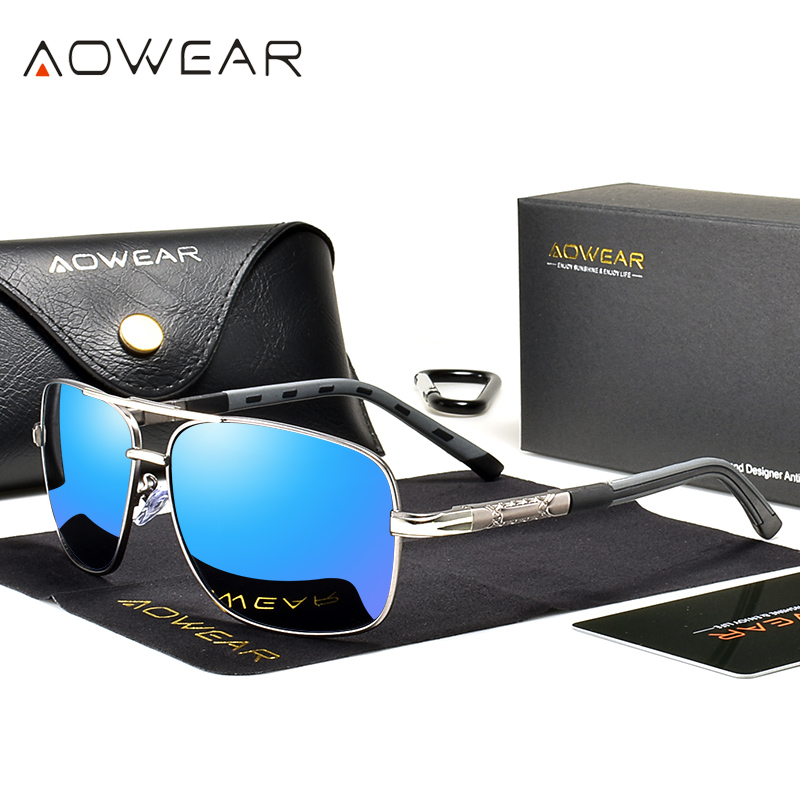 AOWEAR-Óculos de sol retro polarizados para homens e mulheres, UV400, óculos de sol vintage, óculos espelho unisex com estojo, dirigindo: Azul