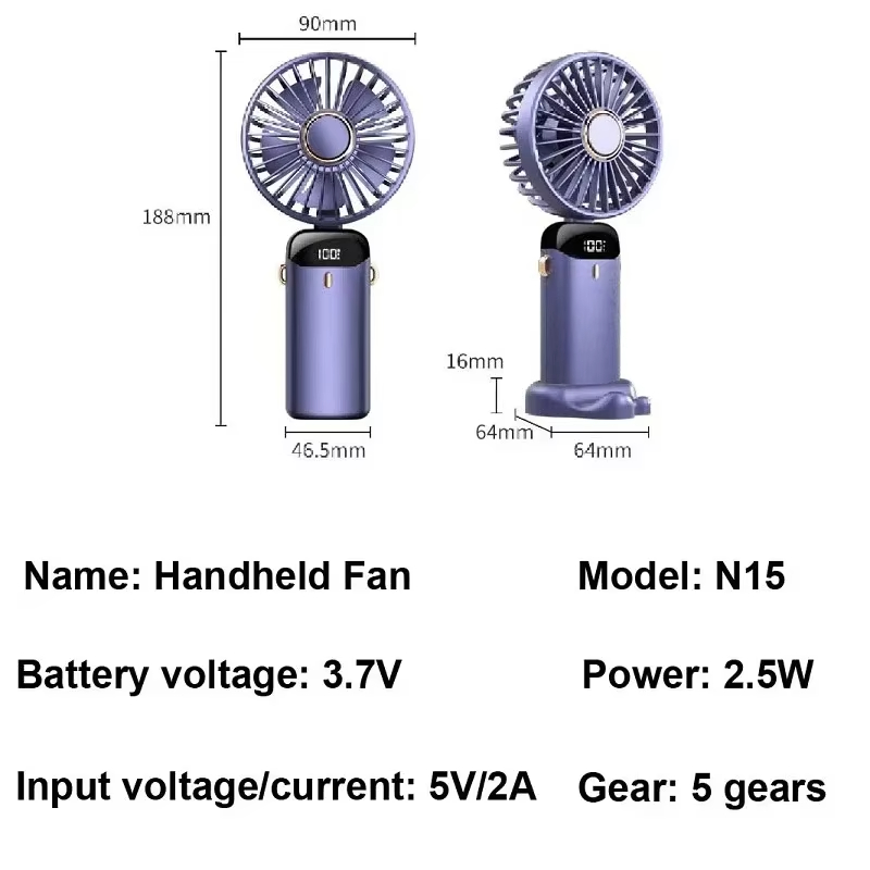Mini ventilador de mano portátil, recargable por USB, plegable, para colgar en el cuello al aire libre, ventilador de refrigeración de 5 velocidades con soporte para teléfono y pantalla de visualización