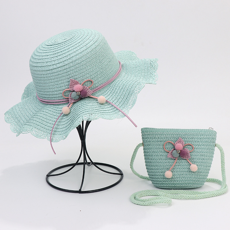 Zomer Reis Stro Hoed Voor Meisjes Prinses Kids Kind Geweven Rand Bloemen Zonnehoed En Tas Sets Voor Outdoor: 2pc set  blue