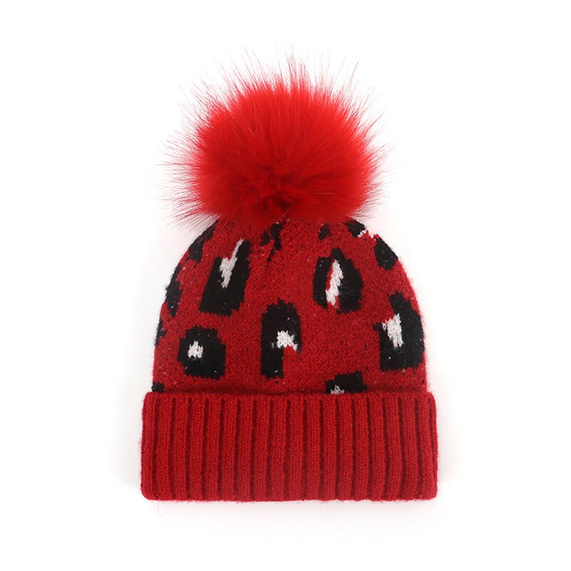 Pompom baby hatt leopard tryckt barn flicka pojke höst vinter mössa mössa mjuk stickad varma barn småbarn mössor keps: Röd