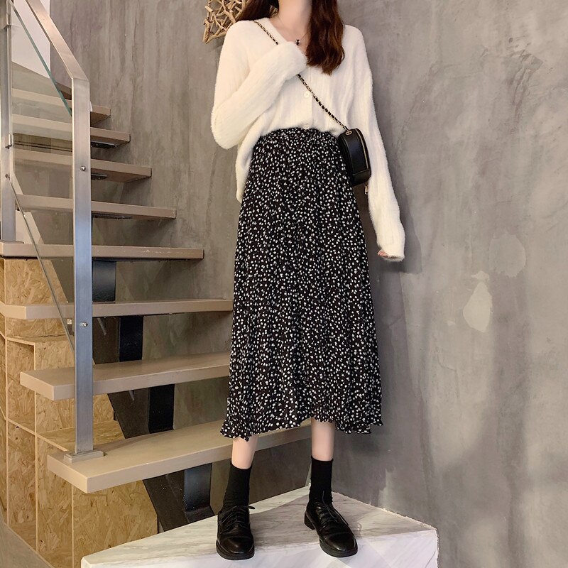 Faldas largas plisadas de estilo Pastoral para mujer, faldas holgadas de cintura elástica, elegantes con estampado Floral