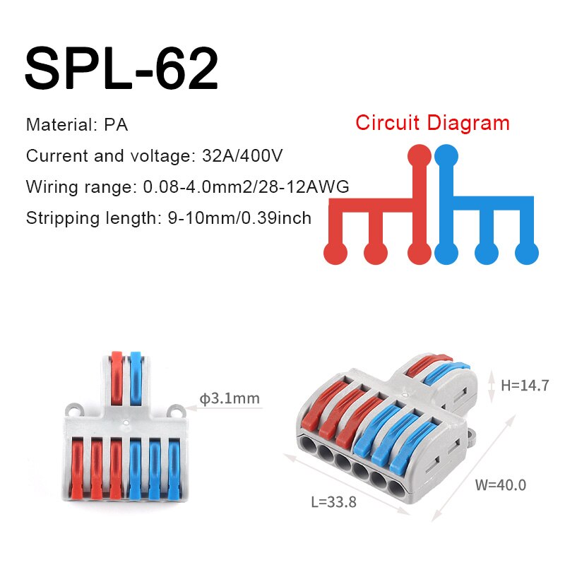 5 stk hurtig ledningssplitter splejsningsklemme spl type kompakt leder push-in ledning kabelstik med let betjeningshåndtag: Spl -62
