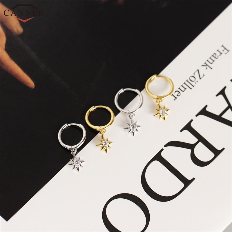 CANNER Gold Color Small Hoop Earrings for Women Girls 925 Silver Mini Circle Earrings Jewelry Zircon Star Earings H50