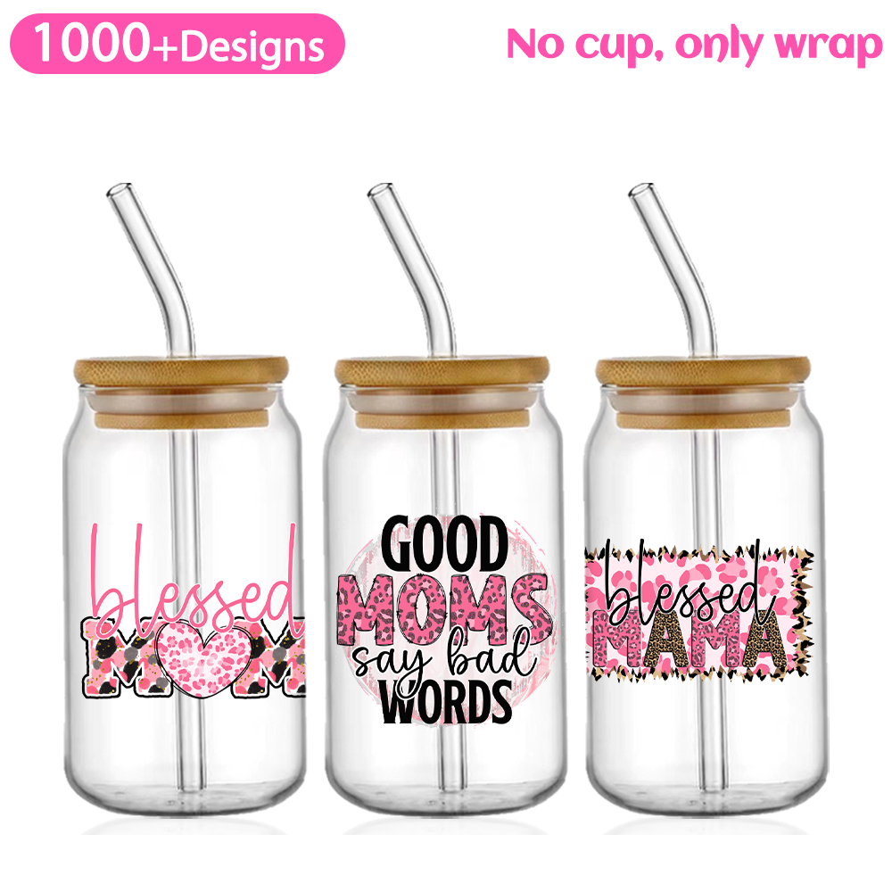 Envolturas de copa UV DTF, transferencias, del Día de la madre, pegatina para mamá, transferencia de hierro para lata de vidrio, libbey de 16oz