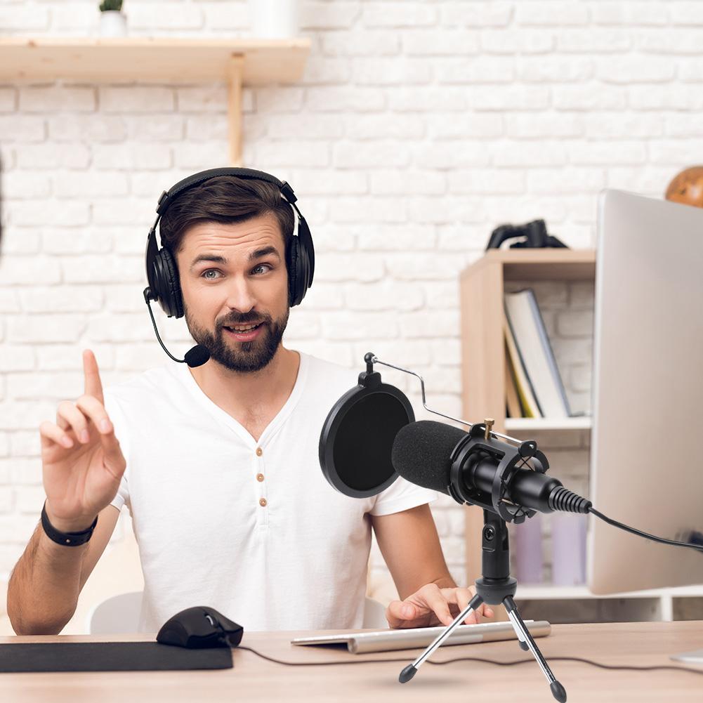 USB 2.0 Microphone 1.8m Cable Wired Condenser PC Microphone Studio Mic with Stand Clip for Recording/Live/Broadcast