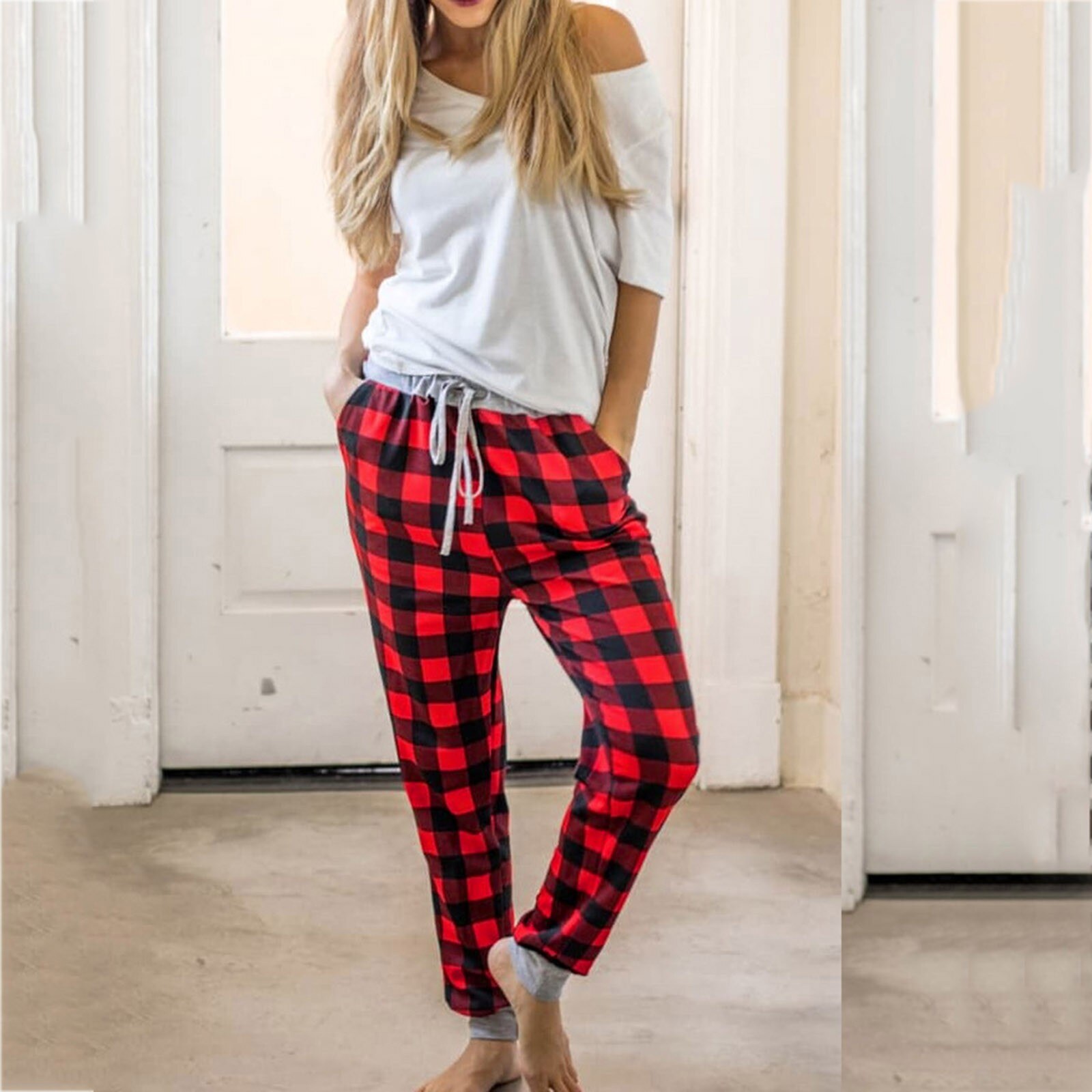 Autumn Women's Sleep Bottoms пижама женская Rad Plaid Printed Christmas Home Suit For Women Casual Pajama Pants pijama femenino