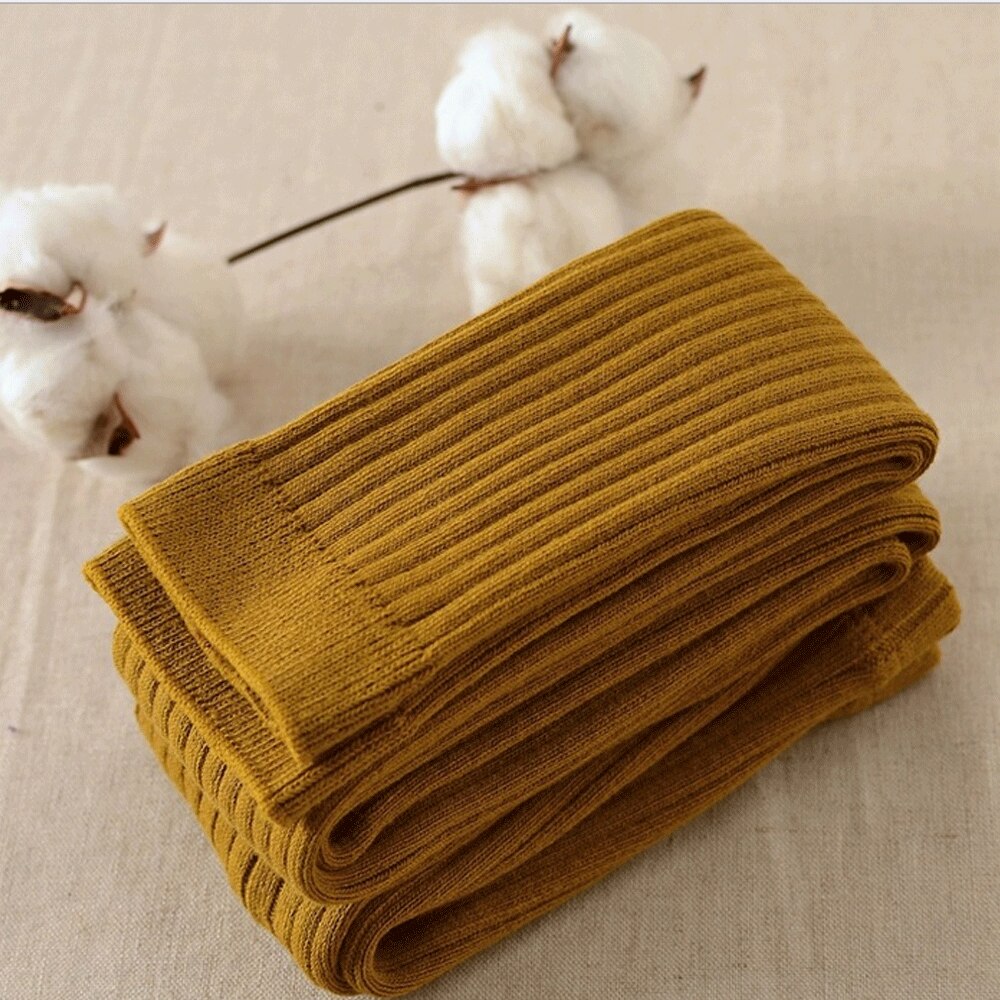 Meia-calça feminina para crianças, 0-5 anos, meias-calças longas de malha de algodão, cores caneladas e crochê, quentes para outono e inverno: YELLOW / 0-1Y