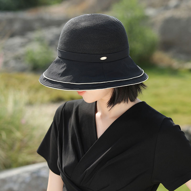 Sombreros de ala ancha para mujer, sombrero de cubo de paja, protección UV, plegable, Panamá, protección solar, visera deportiva para exteriores, vacaciones: Negro